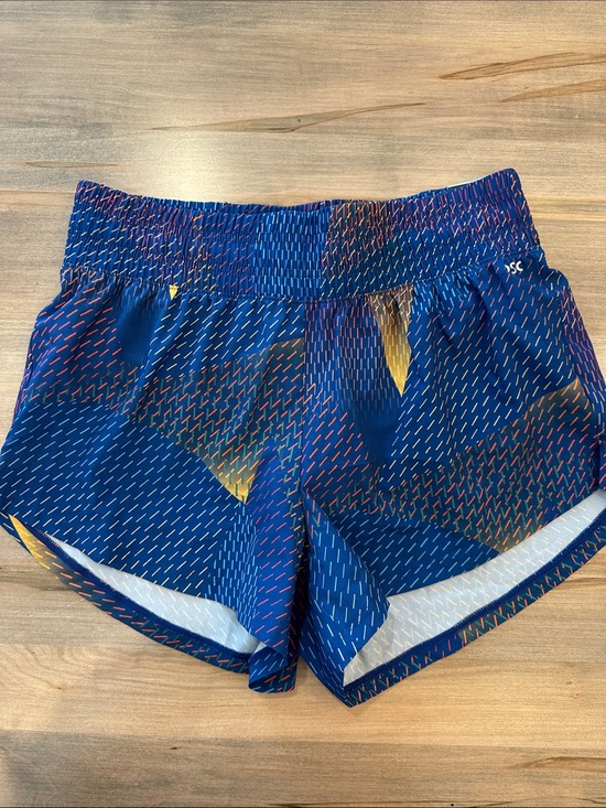 DSG Pants - DSG Blue Geometric Athletic Shorts with Yellow Accents